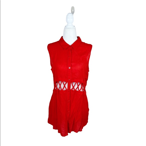 Luca Couture Red Cutout Collared Sleeveless Blouse - Picture 1 of 6